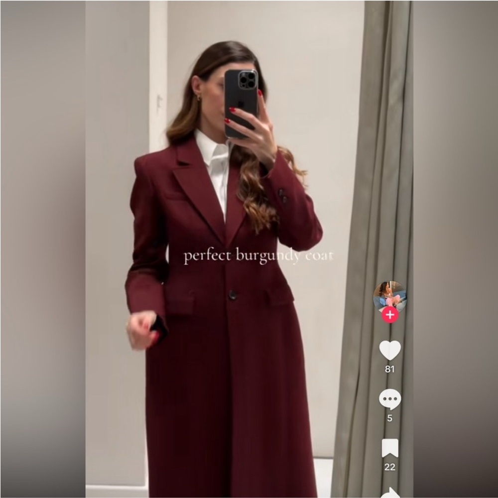 Zara Burgundy Long Coat Size Small - Picture 15 of 16